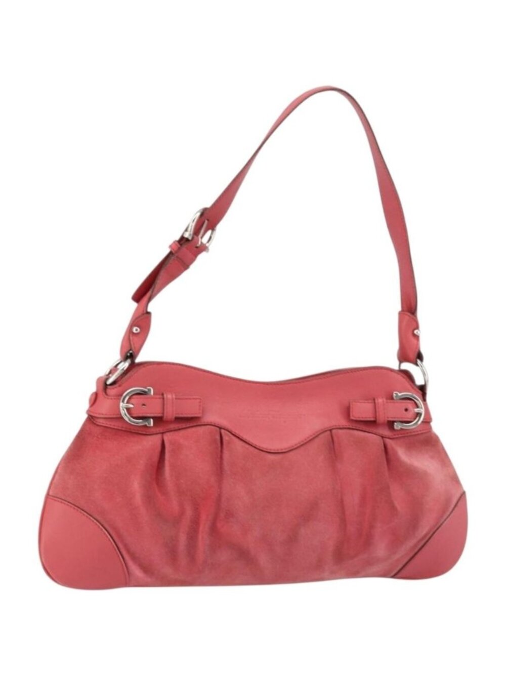 Salvatore Ferragamo Gancini Shoulder Bag Suede Leather Pink Silver